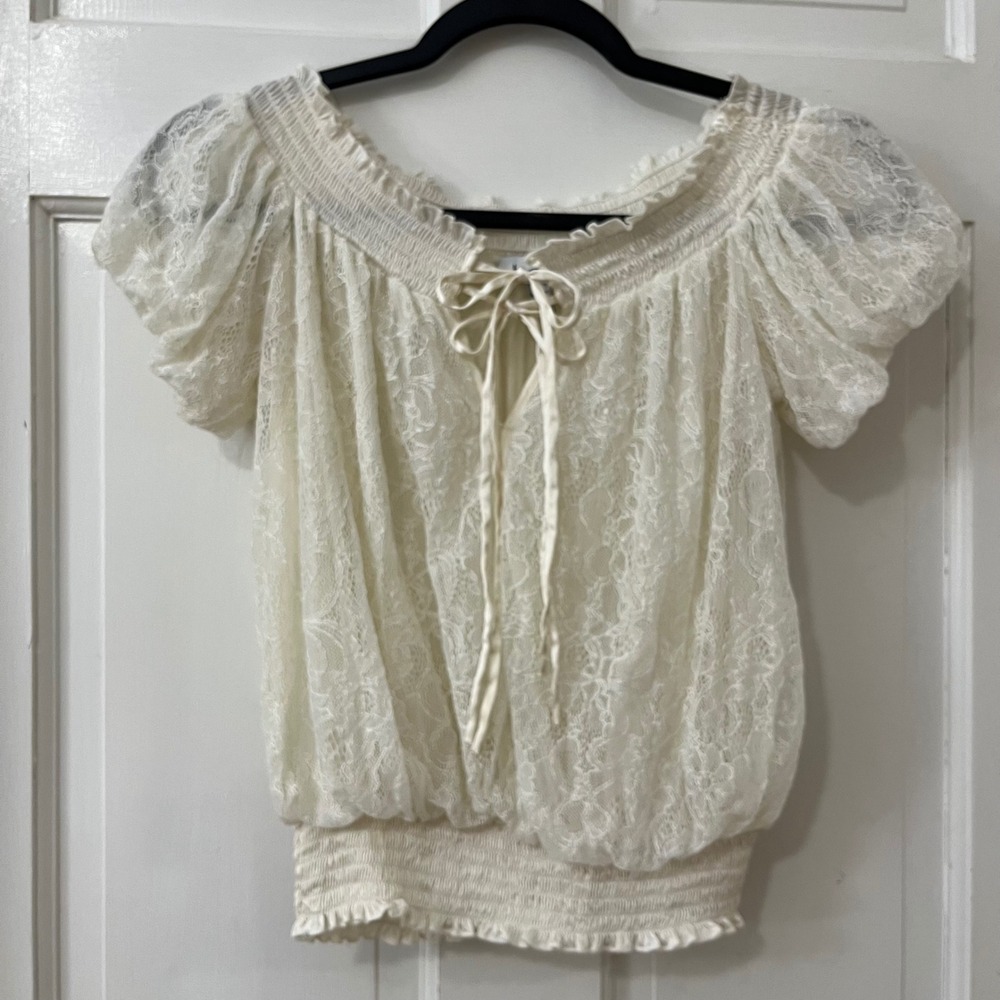 Y2K Bebe Silk Lace Top XS Ivory Fairy Light Romantic Boho Bridal Victorian Bow